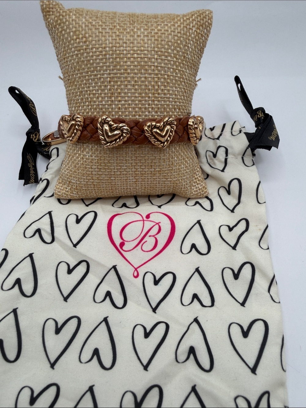 Brighton Bandit Braided Brown Leather Bracelet with Gold Heart Accents